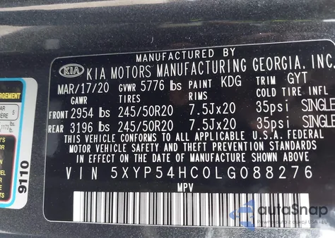 2020 Kia Telluride Sx z USA, uszkodzony, nr VIN 5XYP54HC0LG088276